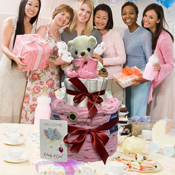 Rosa Windeltorte Set | Enthält 20 Jungenwindeln, Wolldecke, Schuhe, Schnuller, Teddybär und mehr!