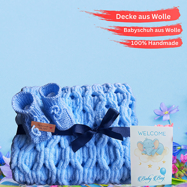 Blaue Baby-Wolldecke - Handgefertigtes, hochwertiges, hypoallergenes Babyparty-Geschenkset