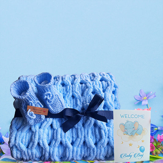 Blaue Baby-Wolldecke - Handgefertigtes, hochwertiges, hypoallergenes Babyparty-Geschenkset